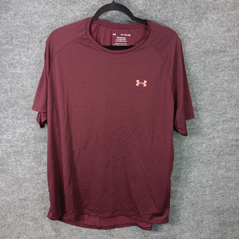 Under Armour Mens The Tech Tee Maroon Hot Pink Logo Activewear Top Size XL